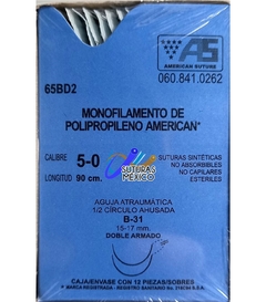 Polipropileno 5-0 Aguja Ahusada Doble Armado de 15-17 mm Hebra 90 cm Marca American Suture 65BD2 Caja con 12 Piezas Caducidad Sep-28