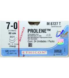 Prolene 7-0 Doble Aguja 3/8 de 13 mm Cardiovascular Hebra 60 cm Marca Ethicon J&J Caja con 24 Piezas