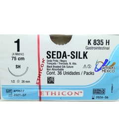 Seda Silk 1 con Aguja ahusada SH de 26 mm Hebra 75 cms Marca Ethicon Caja con 36 Piezas