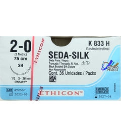 Seda Silk 2-0 con Aguja ahusada SH de 26 mm Hebra 75 cms Marca Ethicon Caja con 36 Piezas