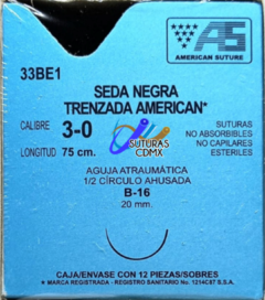 Seda 3-0 Aguja Ahusada de 20 mm Hebra 75 cm Marca American Suture Caja con 12 Piezas Caducidad Oct-25