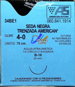 Seda 4-0 Aguja Ahusada de 20 mm Hebra 75 cm Marca American Suture Caja con 12 Piezas Caducidad Sep-25
