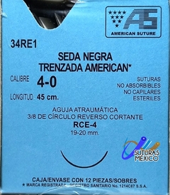 Seda 4-0 Aguja Cortante de 19 mm Hebra 45 cm Marca American Suture 34RE1 Caja con 12 Piezas Caducidad Oct-28