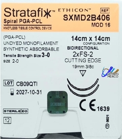 STRATAFIX SPIRAL PGA-PCL 3-0 Aguja Bidireccional FS-1 Agujas 3/8 de 19 mm Hebra Incolora 14 x 14 cms Marca Ethicon SXMD2B406 Caja con 12 Piezas