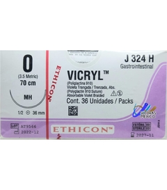 Vicryl 0 Aguja Ahusada MH de 36 mm Hebra 70 cm Violeta Marca Ethicon J324H Caja con 36 piezas