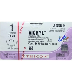 Vicryl 1 Aguja Ahusada CT-2 de 26 mm Hebra 70 cm Violeta Marca Ethicon J335H J&J Caja con 36 piezas