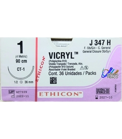 Vicryl 1 Aguja Ahusada CT-1 de 36 mm Hebra 90 cm Violeta Marca Ethicon J&J J347H Caja con 36 piezas