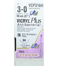 Vicryl PLUS Antibacterial 3-0 Aguja Ahusada SH de 26 mm Hebra 70 cm Violeta Marca Ethicon J&J VCP316H Caja con 36 piezas VCP316H