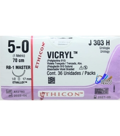 Vicryl 5-0 Aguja RB-1 MASTER 1/2 de 17 mm Hebra 70 cm Violeta Marca Ethicon J&J J303H Caja con 36 piezas