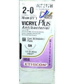 Vicryl PLUS Antibacterial 2-0 Aguja Ahusada SH de 26 mm Hebra 70 cm Violeta Marca Ethicon J&J VCP317H Caja con 36 piezas