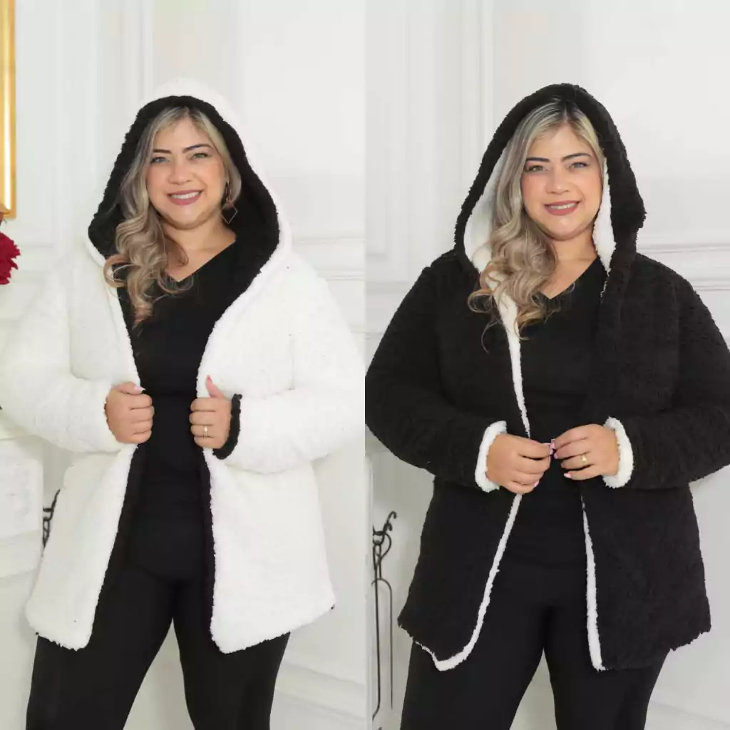 Casaco Teddy Plus Size Dupla face Max Forrado Capuz Bolsos Com Forro Interno Sobretudo Feminino Frio