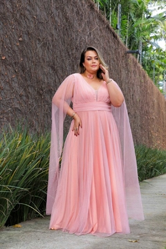 VESTIDO LONGO COM CAPAS TULE COM BRILHO PLUS SIZE SANTORINI