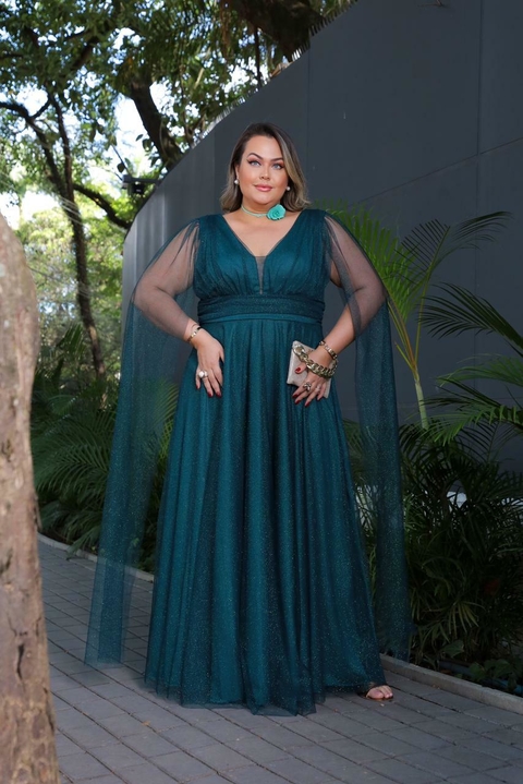 VESTIDO LONGO COM CAPAS TULE COM BRILHO PLUS SIZE SANTORINI