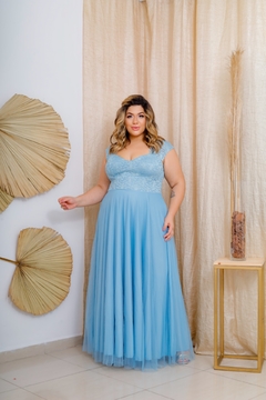 Vestido azul com tule e renda sales