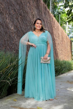 VESTIDO LONGO COM CAPAS TULE COM BRILHO PLUS SIZE SANTORINI