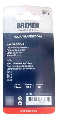 10 Hojas De Repuesto Cuchilla Trapezoidal 19 Mm Bremen 8041 - Herramientas Dali