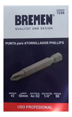 Puntas Atornillador Ph2 X 50mm Enc 1/4 Caja X 50 Bremen 7236 - Herramientas Dali