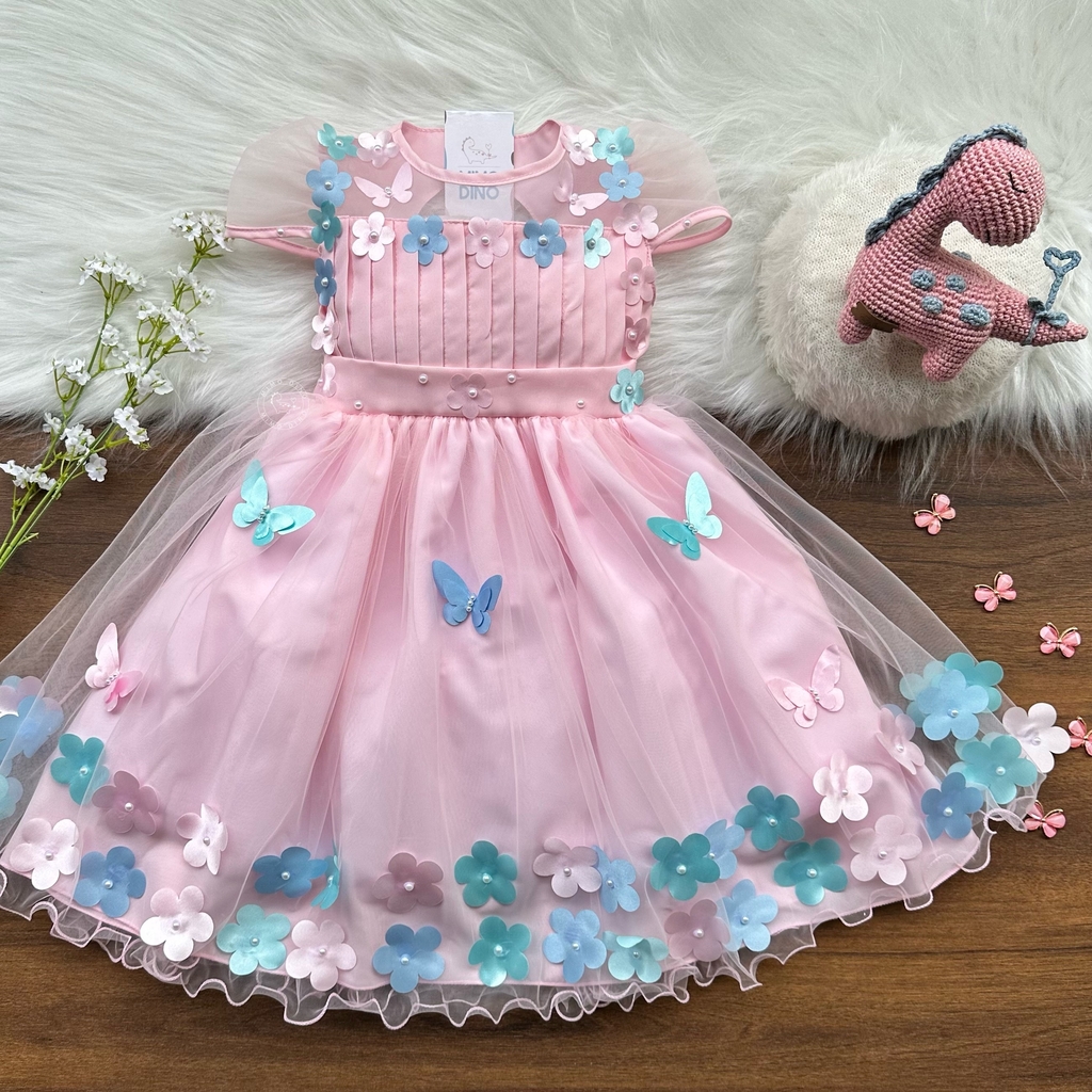 Vestido Jardim das borboletas - Rosa - Loja Mimo Dino