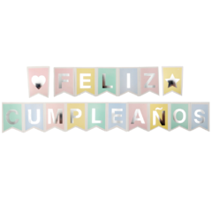 Banderin Feliz Cumpleaños Surtido Color Pastel Con Letra Plateada