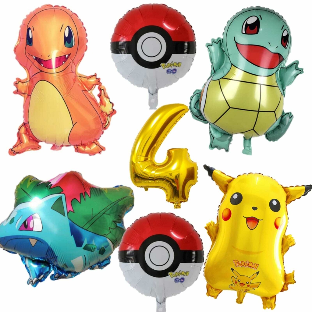 Combo Deco 4 Globos Pokémon 3d+Pokebolas+Numero