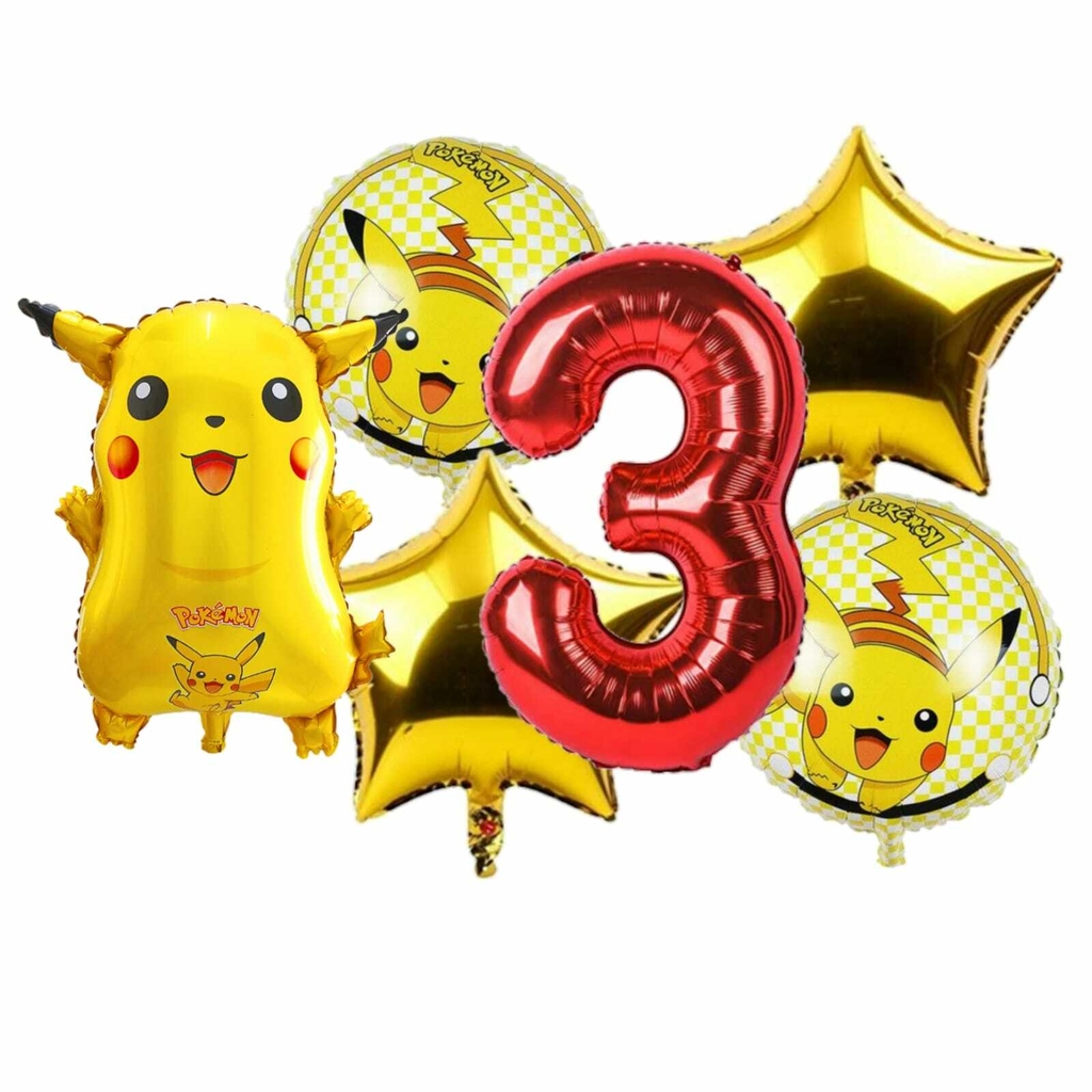 Set De 5 Globos Pokemon Pikachu +4metalizados 45cm + Numero