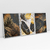 Quadro Decorativo Abstrato Moderno Folhas Pretas e Douradas Sobre o Mármore Kit com 3 Quadros