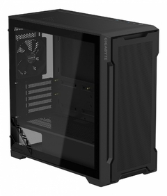 Gabinete Gamer Gigabyte C102g M-atx en color negro, con panel lateral de vidrio y ventilador visible.