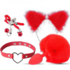 KIT RABO POMPOM COM TIARA DE ORELHAS GRAMPOS DE SEIOS E GARGANTILHA VERMELHO