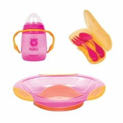 Kit Buba - Pratinho Fun + Kit Talheres + Copo 300ml Rosa Neon