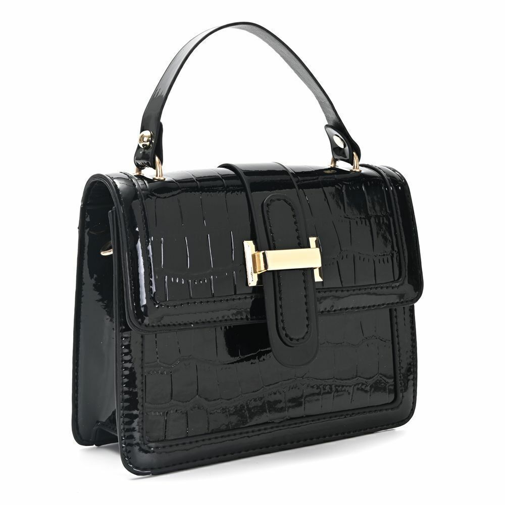 Cartera de Mano con Correa Regulable en Charol tipo Croco Color Negro