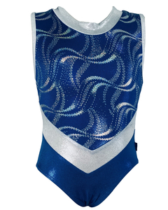 Leotardo Gimnasia niña, Modelo 17240-15 - Glitter Rey con diseño cintas girando pico en V y cuello en plata - comprar en línea
