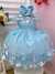 Vestido Infantil Azul Busto Plissado Com Flores Borboleta