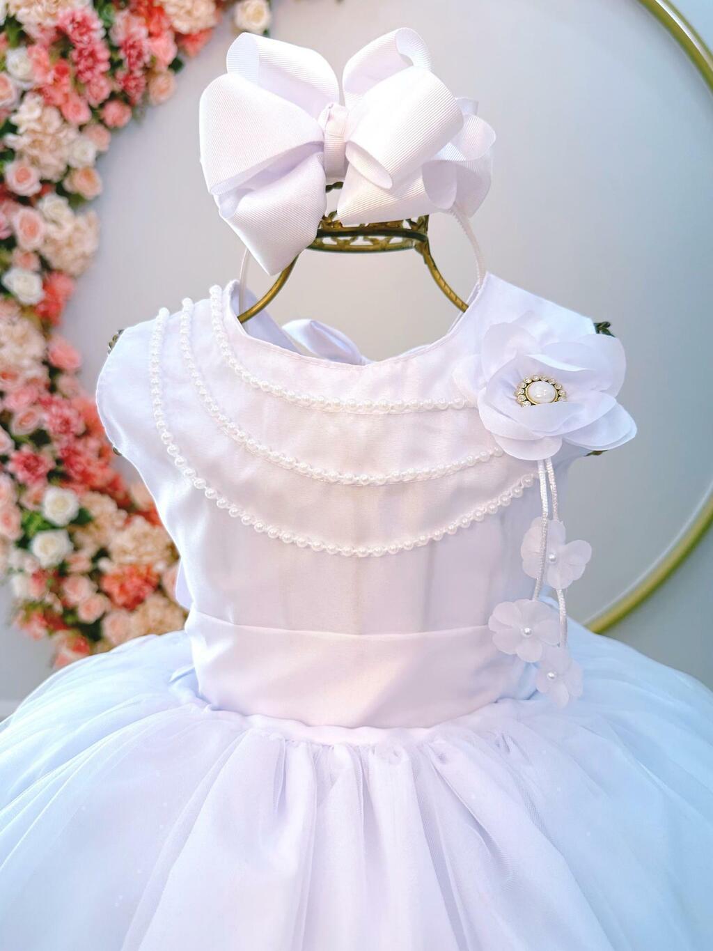 Vestido Infantil Branco Damas de Honra Casamentos C/ Broche