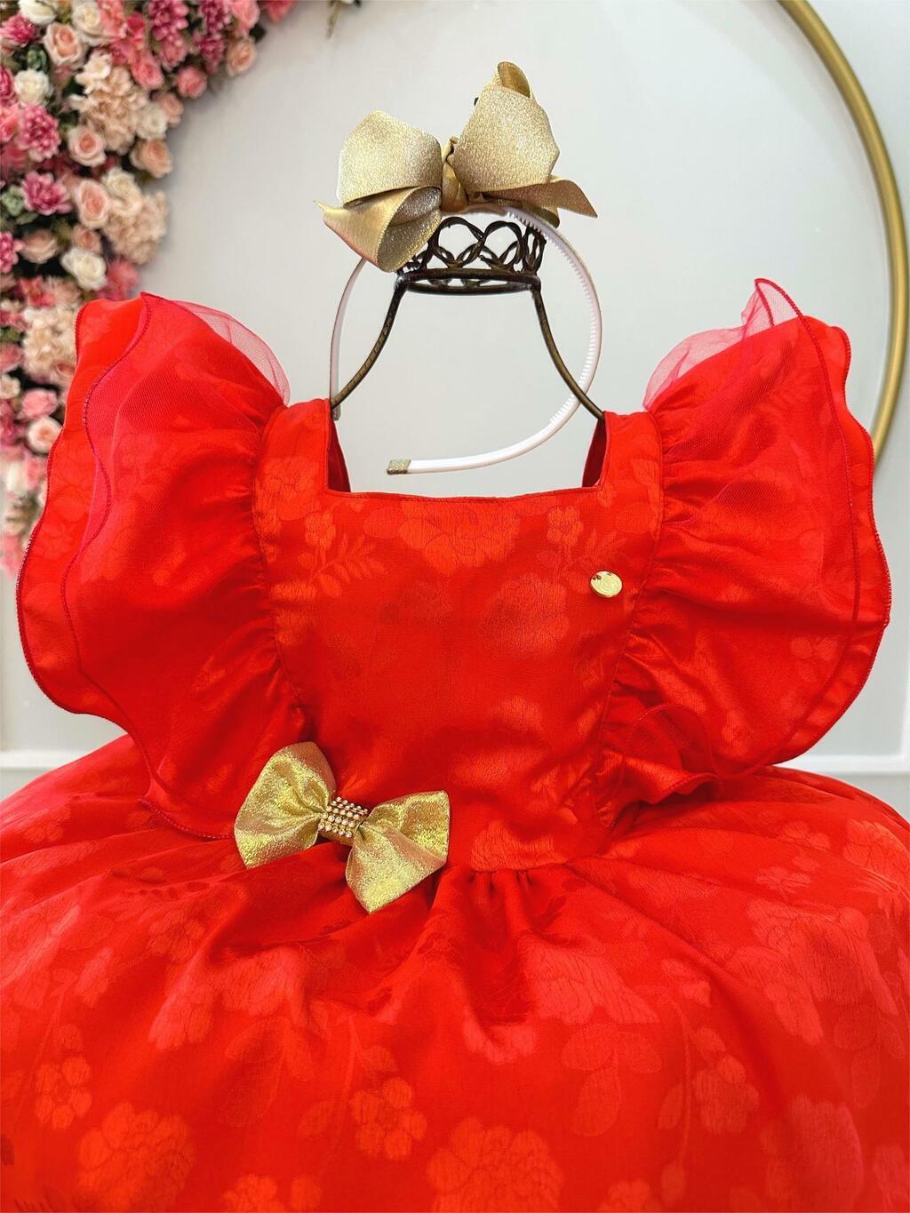 Vestido Infantil Vermelho Jacquard Broche Dourado Natal Festa