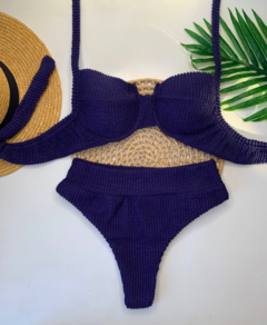 Conjunto Meia Taça Hot Pant Azul Marinho Texturizado