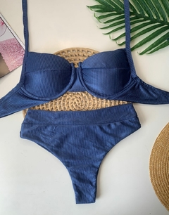 Conjunto Meia Taça Hot Pant Azul Marinho Canelado