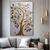 Quadro Árvore Abstrata Moderna Luxo Com Folhas Esmeralda e Douradas