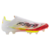 chuteira de campo adidas F50 Elite FG Plus Pure Victory FG em branco, rosa e amarelo. A chuteira tem um design moderno com um cabedal de material sintético e um solado com cravos moldados.  A chuteira está posicionada de lado, mostrando os detalhes do cad