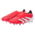 Chuteira de Campo adidas Predator 25 Lowcut FG Pure Victory, nas cores vermelho, branco e preto, com cabedal HybridTouch e elementos Strikeskin para precisão e controle. Design ergonômico com sola ControlFrame 2.0 para tração e estabilidade em gramados fi