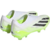 Chuteira de Campo Adidas X Crazyfast.1 FG Laceless Crazyrush nas cores verde, branco e preto. A chuteira está posicionada de lado, exibindo seu design minimalista e inovador. Detalhes em destaque incluem o cabedal Aeropacity Speedskin semi-translúcido, a 