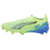 Chuteira de campo Puma Ultra 5 Ultimate FG Lights Out em verde, azul e cinza, com design vibrante, base de cor "Fizzy Apple", sistema SPEEDSYSTEM para maior aceleração, travas FastTrax para tração otimizada, suporte PWRTAPE SQD para estabilidade, palmilha