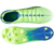 Chuteira de campo Puma Ultra 5 Ultimate FG Lights Out em verde, azul e cinza, com design vibrante, base de cor "Fizzy Apple", sistema SPEEDSYSTEM para maior aceleração, travas FastTrax para tração otimizada, suporte PWRTAPE SQD para estabilidade, palmilha