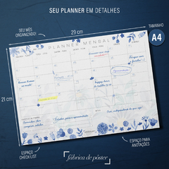 Kit Planner Mensal Floral Azul e 2 Blocos Pontilhado - Fábrica de Pôster