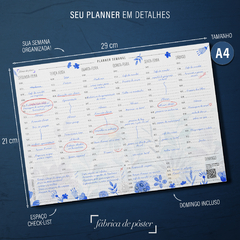 Kit Planner Semanal Floral Azul com Horário e 2 Blocos Pontilhados - Fábrica de Pôster