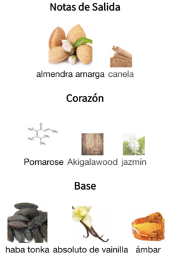 Descripción de las notas de la fragancia Lattafa Sehr, con ingredientes como almendra amarga, canela, pomarose, madera Akigala, jazmín, haba tonka, absoluto de vainilla y ámbar.