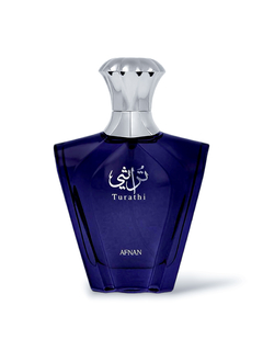 Frasco de perfume Afnan Turathi Blue de color azul con tapa plateada.