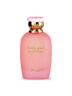 Frasco de perfume Zimaya Only You, de color rosa con tapa dorada y detalle en la parte superior.