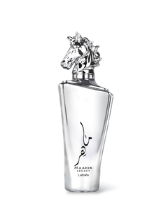 Frasco de perfume Lattafa Mahiir Legacy con tapa en forma de cabeza de caballo.