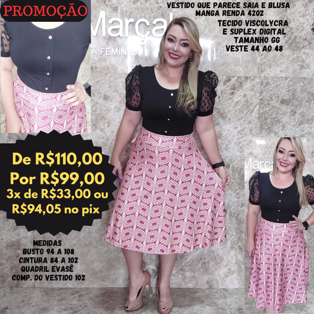 Vestido que parece saia e blusa 4202 tamanho GG único veste 44 ao 48