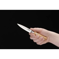 uma pessoa segurando uma faca damasco de legumes com cabo de madeira de nogueira